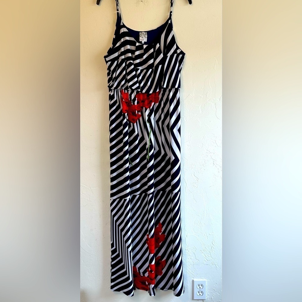 Naïf Navy & White Striped Elastic Waist Maxi Dress with Red Floral Accents Sz XL